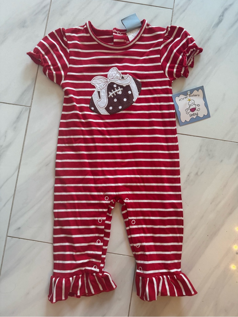 Three Sisters Baby Red & White Striped Footie One-Piece with Football Applique